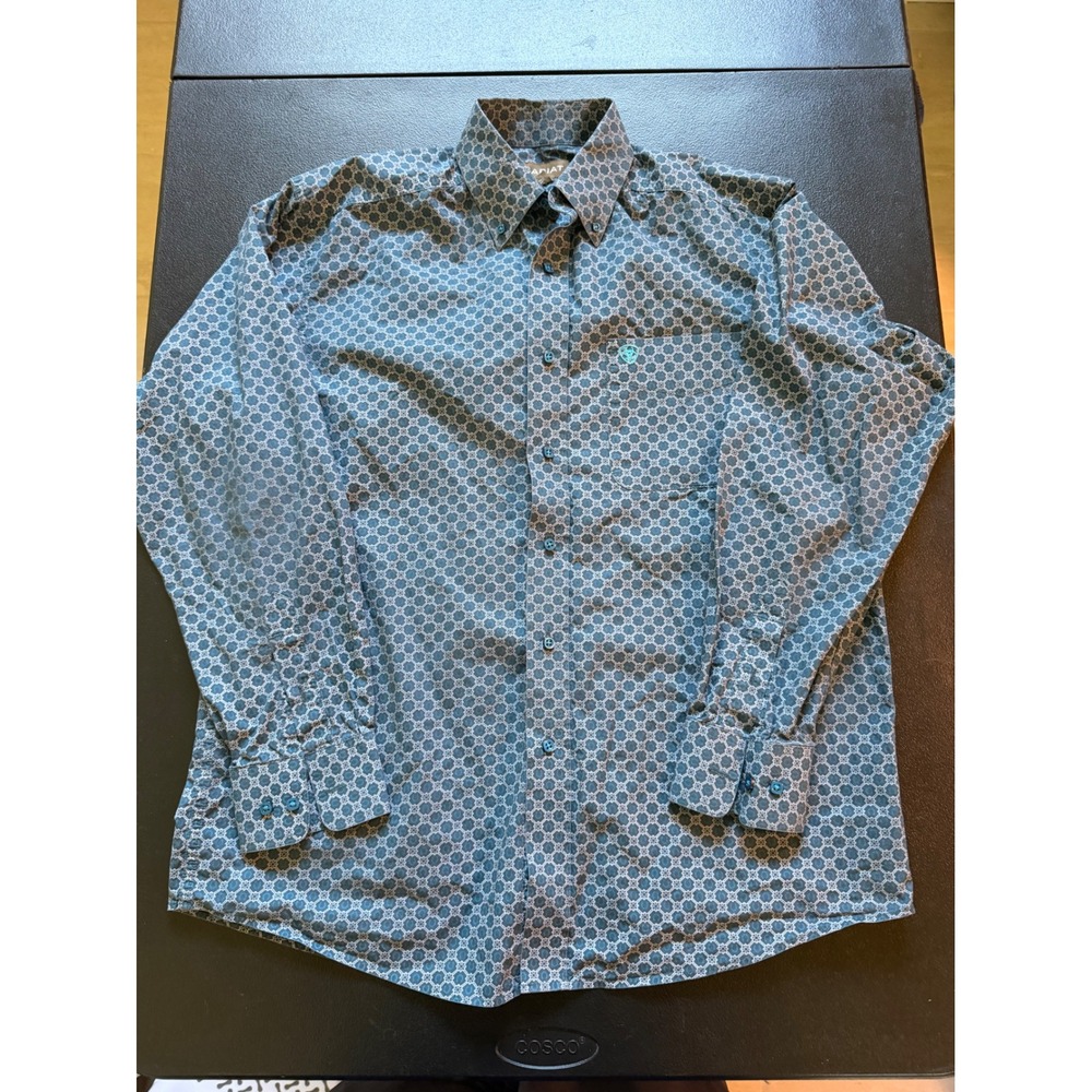 Ariat Mens Medium Teal Horseshoe Print Long Sleeve Button Down Shirt 10017710